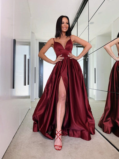 Vestidos de fiesta elegantes de satén con escote en V, volantes y sin mangas, corte A