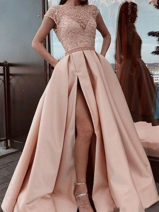 Elegante vestido de fiesta de satén con cuentas, corte A y mangas cortas con escote redondo