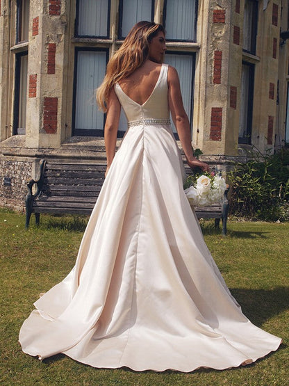Vestidos de fiesta elegantes de satén con cuentas, escote en V y sin mangas, corte A