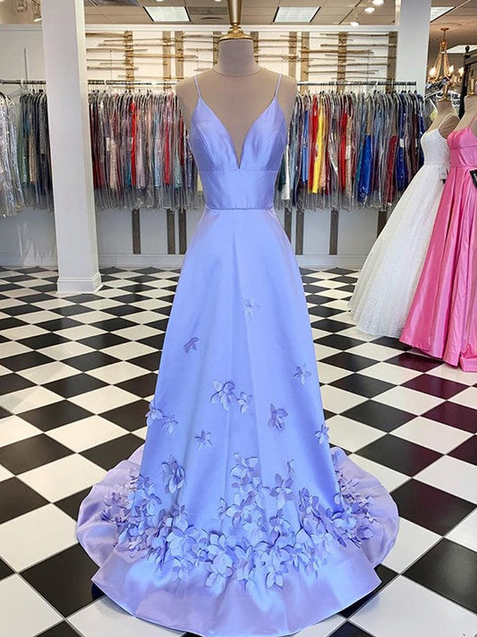 Vestidos de fiesta elegantes de satén con escote en V, sin mangas y flores hechas a mano