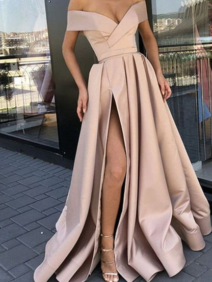 Vestidos de fiesta elegantes de satén con volantes y hombros descubiertos, sin mangas y corte A