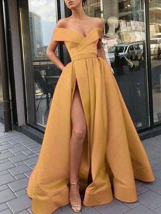 Vestidos de fiesta elegantes de satén con volantes y hombros descubiertos, sin mangas y corte A