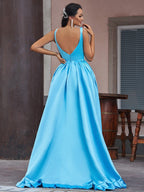 A-Linie/Elegant Satin Rüschen V-Ausschnitt Ärmellos Asymmetrisch Ballkleider