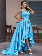 A-Linie/Elegant Satin Rüschen V-Ausschnitt Ärmellos Asymmetrisch Ballkleider