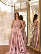 A-Linie/Elegant Satin Ärmellos Geraffte One-Shoulder-Träger Ballkleider
