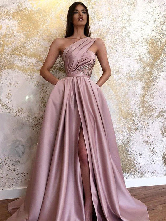 Vestidos de fiesta elegantes de satén, sin mangas, fruncidos y de un solo hombro