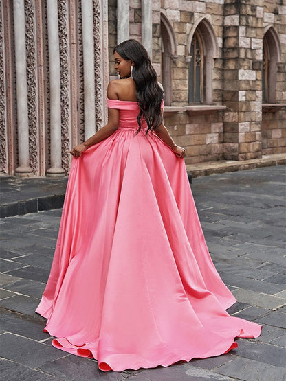 Elegante vestido de fiesta de satén sin mangas, con volantes, hombros descubiertos y cola de corte A