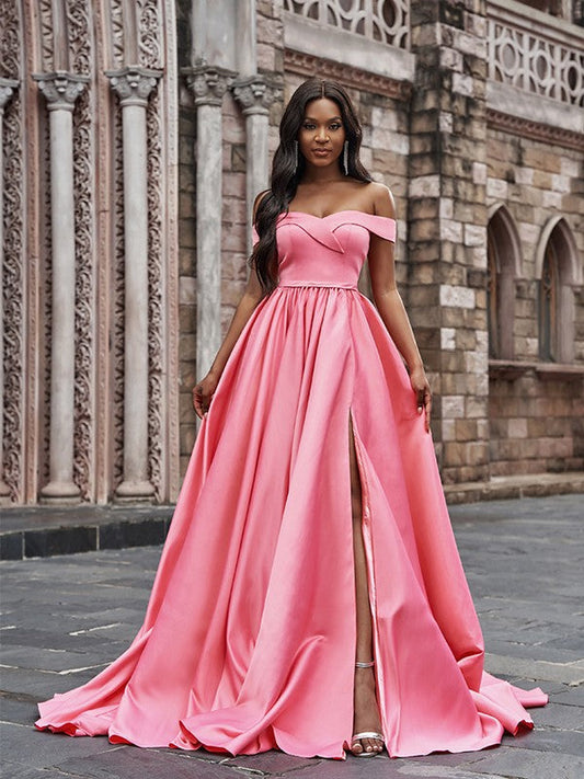 Elegante vestido de fiesta de satén sin mangas, con volantes, hombros descubiertos y cola de corte A