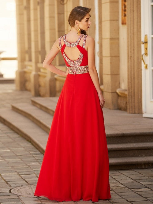 Vestidos de fiesta elegantes de gasa con corte A, escote redondo, sin mangas y largo hasta el suelo