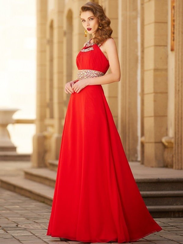 Vestidos de fiesta elegantes de gasa con corte A, escote redondo, sin mangas y largo hasta el suelo