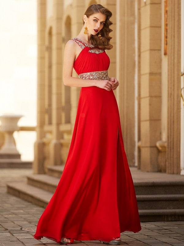 Vestidos de fiesta elegantes de gasa con corte A, escote redondo, sin mangas y largo hasta el suelo