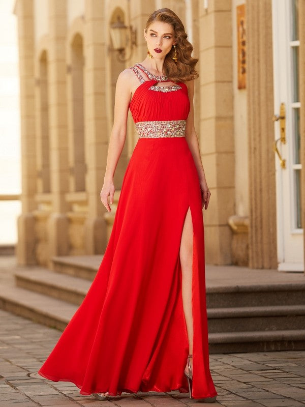 Vestidos de fiesta elegantes de gasa con corte A, escote redondo, sin mangas y largo hasta el suelo
