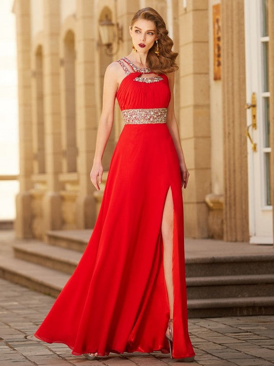 Vestidos de fiesta elegantes de gasa con corte A, escote redondo, sin mangas y largo hasta el suelo
