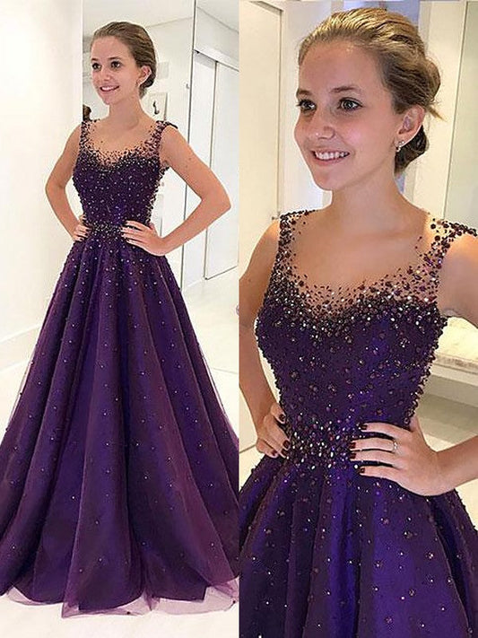 Vestidos de fiesta elegantes de corte A/corte redondo hasta el suelo de tul sin mangas con cuentas