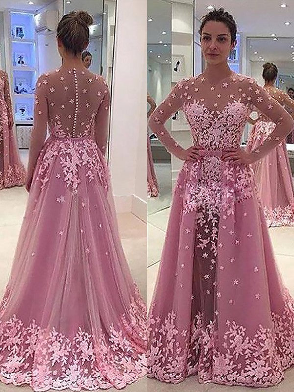 Vestidos de fiesta elegantes de corte A/cuello redondo con mangas largas y apliques de tul hasta el suelo