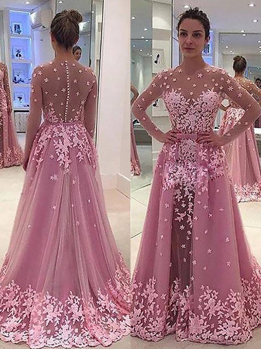 Vestidos de fiesta elegantes de corte A/cuello redondo con mangas largas y apliques de tul hasta el suelo