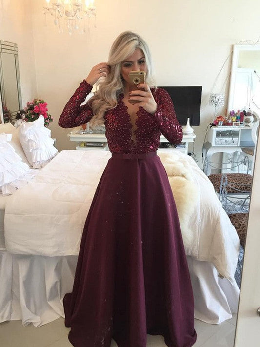 Elegante vestido de fiesta de satén con lentejuelas, mangas largas y escote redondo, corte A y largo hasta el suelo