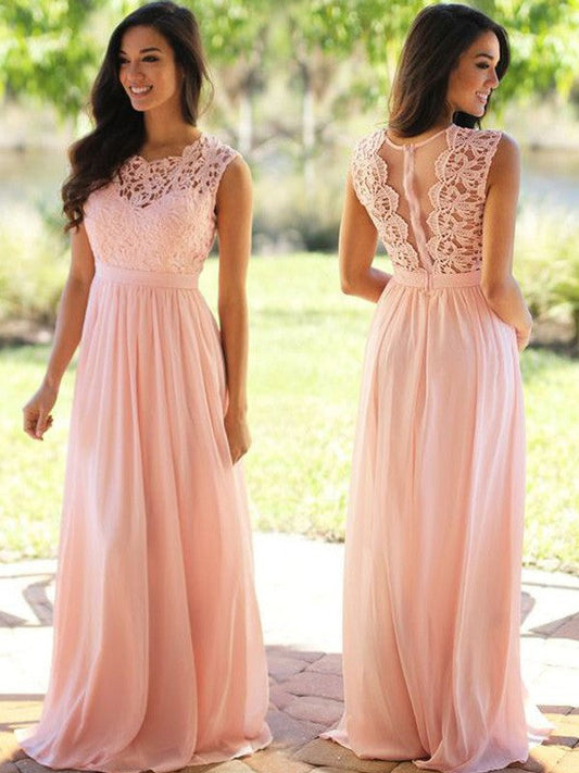 Vestidos de fiesta elegantes de gasa con corte A/sin mangas, escote redondo y apliques hasta el suelo