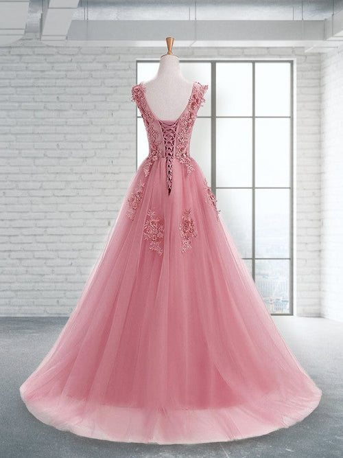 Vestidos de fiesta elegantes de tul con apliques y sin mangas con escote redondo y corte A