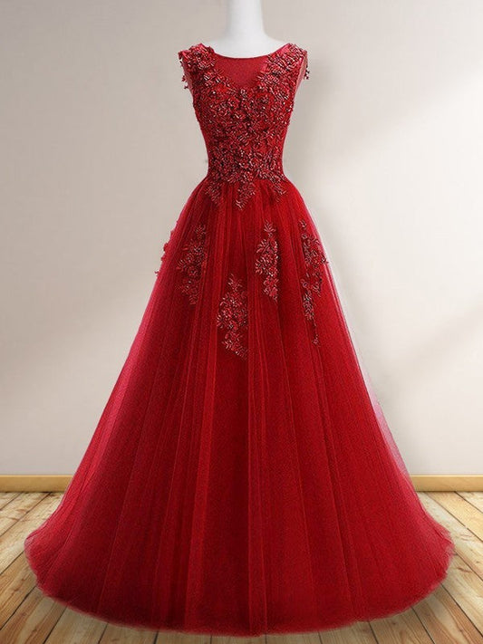 Vestidos de fiesta elegantes de tul con apliques y sin mangas con escote redondo y corte A