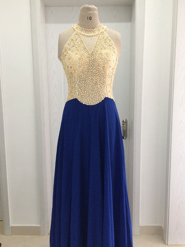 A-Linie/Elegant U-Ausschnitt Ärmellos Perlen verziert Chiffon Abiballkleider