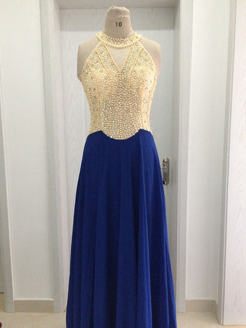 Vestidos de fiesta elegantes de gasa con escote redondo, sin mangas y con cuentas