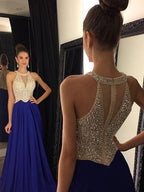 A-Linie/Elegant U-Ausschnitt Ärmellos Perlen verziert Chiffon Abiballkleider