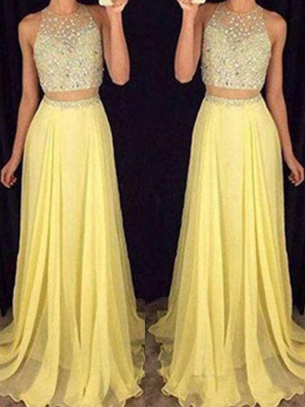 A-Linie/Elegant U-Ausschnitt Ärmellos Perlen verziert Chiffon Zweiteilige Ballkleider