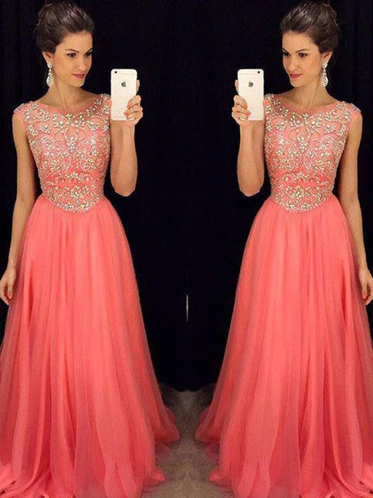 Elegante vestido de fiesta de gasa con escote redondo, sin mangas, con cuentas y largo hasta el suelo