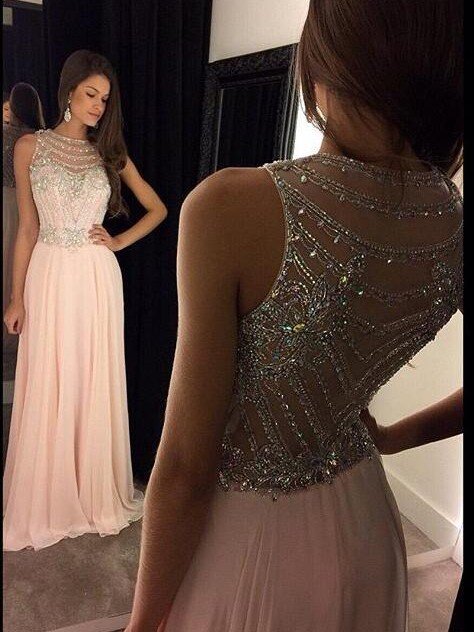 Vestidos de fiesta elegantes de corte A/sin mangas con escote redondo, de gasa y cristales hasta el suelo