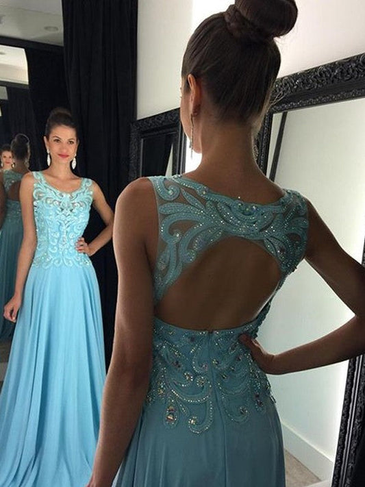 Vestidos de fiesta elegantes de gasa con corte A, sin mangas, hasta el suelo y apliques