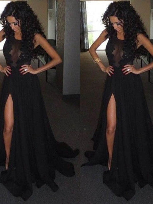 Vestidos de fiesta elegantes de satén y gasa con escote redondo y sin mangas