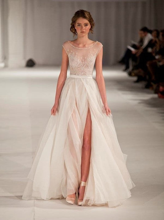 Vestidos de fiesta elegantes de organza con corte A/escote redondo, sin mangas, mangas cortas y hasta el suelo