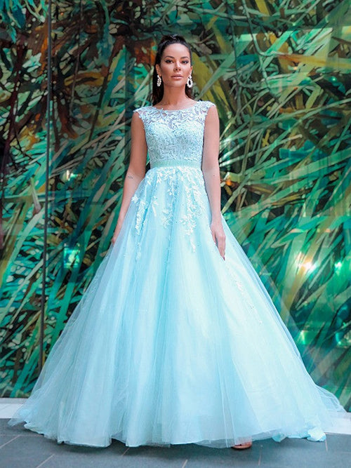 Vestidos de fiesta elegantes de corte A/sin mangas con apliques de tul