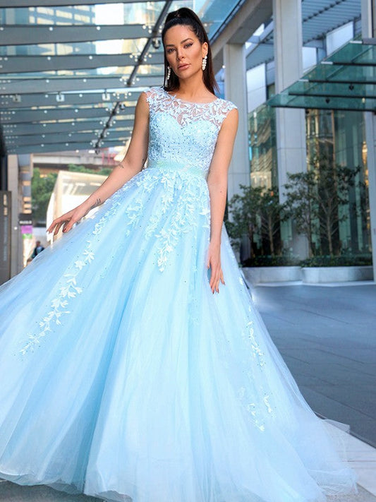 Vestidos de fiesta elegantes de corte A/sin mangas con apliques de tul