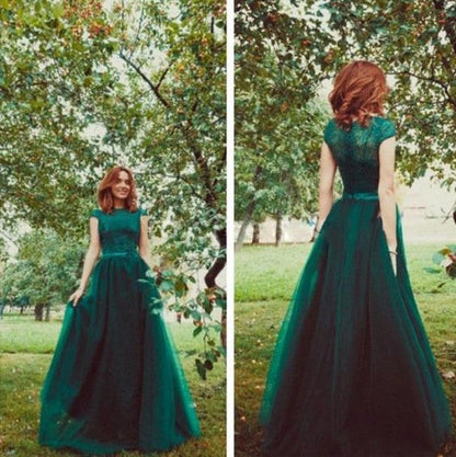 Vestidos de fiesta elegantes de corte A/sin mangas con escote redondo y tul hasta el suelo