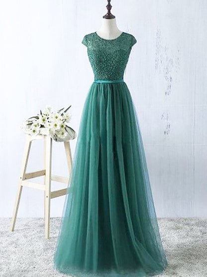 Vestidos de fiesta elegantes de corte A/sin mangas con escote redondo y tul hasta el suelo