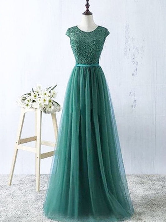 Vestidos de fiesta elegantes de corte A/sin mangas con escote redondo y tul hasta el suelo