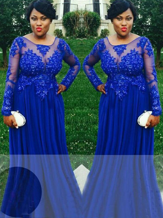 Elegante vestido de fiesta de gasa de talla grande, corte A, cuello transparente, mangas largas, apliques y largo hasta el suelo