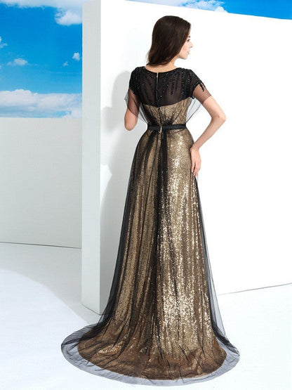 Vestido de fiesta elegante de corte A con escote transparente, lentejuelas, mangas cortas y red larga
