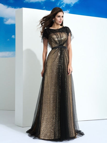 Vestido de fiesta elegante de corte A con escote transparente, lentejuelas, mangas cortas y red larga