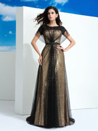 Vestido de fiesta elegante de corte A con escote transparente, lentejuelas, mangas cortas y red larga