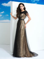Vestido de fiesta elegante de corte A con escote transparente, lentejuelas, mangas cortas y red larga