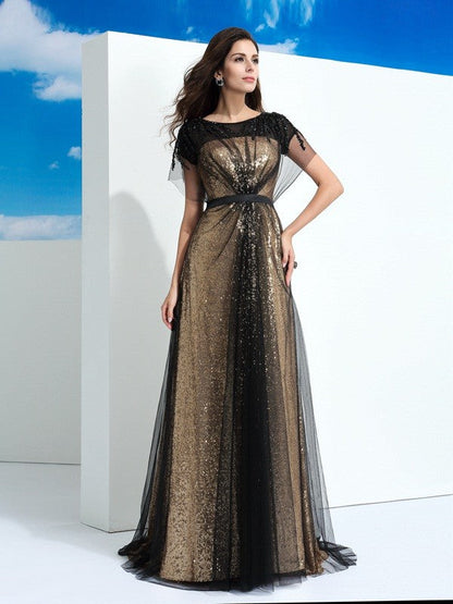 Vestido de fiesta elegante de corte A con escote transparente, lentejuelas, mangas cortas y red larga