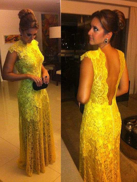 Vestidos de fiesta elegantes de corte A/mangas cortas con encaje, cuello alto y largo hasta el suelo