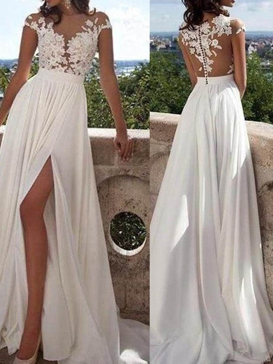 Vestidos de fiesta elegantes de gasa con apliques redondos y mangas cortas en forma de A