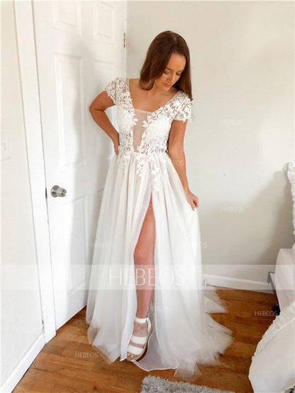 Vestidos de fiesta elegantes de tul con apliques, escote en V y mangas cortas en forma de A