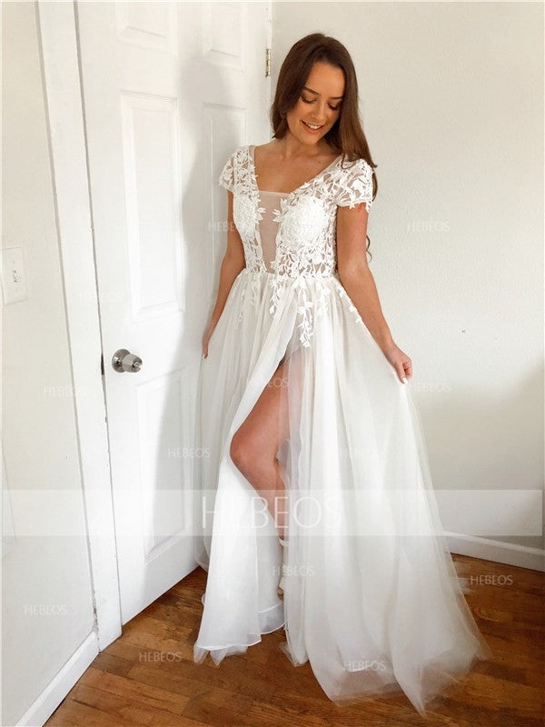 Vestidos de fiesta elegantes de tul con apliques, escote en V y mangas cortas en forma de A