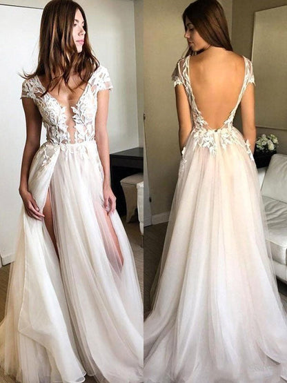 Vestidos de fiesta elegantes de tul con apliques, escote en V y mangas cortas en forma de A