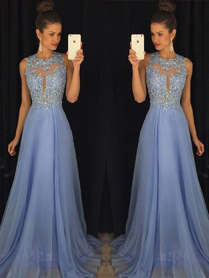 Vestidos de fiesta elegantes de gasa con apliques, sin mangas y corte A